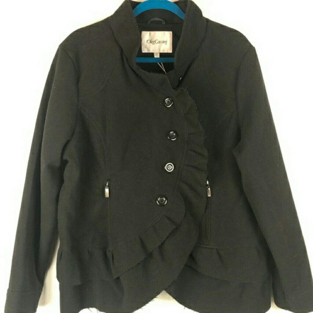 Oleg Cassini black ruffle wool jacket